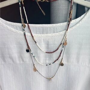 Layered Beaded Necklace - White & Brown Multi-Strand